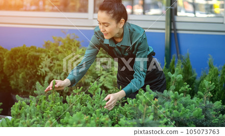Young florist takes care of green bushes in shop department Young florist takes care of green bushes in shop department 105073763