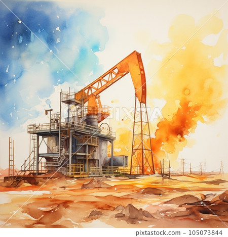 Oil industry. Oil rigs engaged in mining. Watercolour illustration 105073844