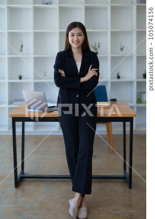 Business, finance and employment, female successful entrepreneurs concept. Confident smiling asian businesswoman, using laptop at work 105074156