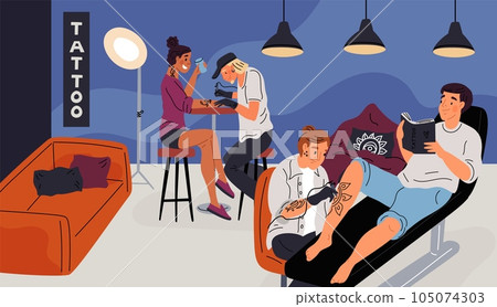 Professionals work at tattoo salon. Customers decorate bodies with ink drawings. People gets tattooing print on arm or leg. Tattooist studio. Master occupation. Garish vector concept 105074303