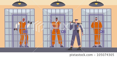 Prison detention cells. Detour of prisoners. Guard checks convicted criminals. People in jumpsuits behind bars. Serving term. Jailhouse cage. Imprisoning lawbreakers. Vector concept Prison detention cells. Detour of prisoners. Guard checks convicted criminals. People in jumpsuits behind bars. Serving term. Jailhouse cage. Imprisoning lawbreakers. Vector concept 105074305