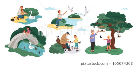 People feed birds. Happy parents and kids pour grains to pigeons and sparrows. Park pond with ducks. Persons give crumbs to seagulls and swans. Grandparent with child. Garish vector set 105074308