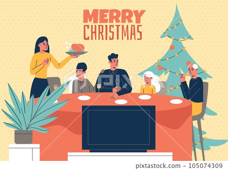 People at Christmas dinner. Xmas party. Happy family watching TV at holiday table. Parents and kids gatherings. New Year waiting. Winter celebration. December tradition. Vector concept 105074309