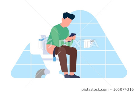 Man sits in home bathroom with cellphone and browses social media. Restroom privacy. Guy chatting by smartphone. Male on toilet seat. Person using phone in washroom. Vector concept 105074316