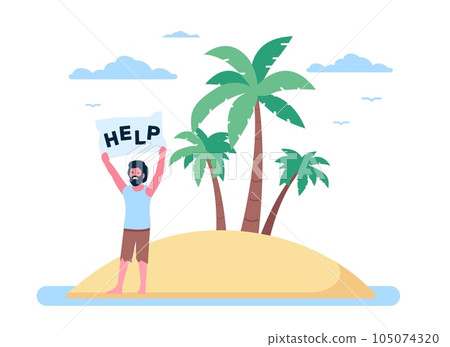 Man asks for help on uninhabited desert island. Lonely shipwreck survivor. Standing male with SOS message. Tropical palm trees and marine sandy coast. Lost in ocean. Vector concept 105074320