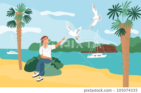 Happy guy feeds seagulls at beach. Summer sea relax. Man gives food to birds. Yachts and palm trees. Ocean shore. Person feeding gulls at seashore. Marine vacation. Garish vector concept Happy guy feeds seagulls at beach. Summer sea relax. Man gives food to birds. Yachts and palm trees. Ocean shore. Person feeding gulls at seashore. Marine vacation. Garish vector concept 105074335