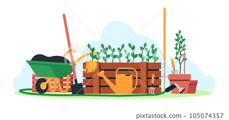 Gardening tools. Farming instruments. Wooden box with seedlings. Plants cultivation. Wheelbarrow and bucket. Agriculture cultivating. Shovel and pitchfork. Watering hose. Vector concept 105074357