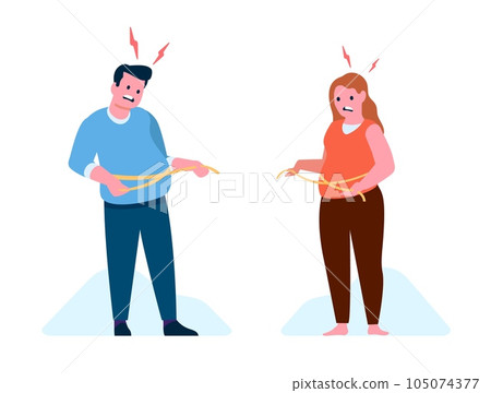 Fat man and woman measuring their bellies with centimeter meter tape. Waistline measurement. Weight gain control. Overweight and obesity. People surprise of abdomen size. Vector concept Fat man and woman measuring their bellies with centimeter meter tape. Waistline measurement. Weight gain control. Overweight and obesity. People surprise of abdomen size. Vector concept 105074377