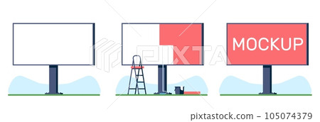 Different stages of sticking ads on large city billboard. Installing outdoor commercial advertising. Glueing promotion placards. Announcement banners. Vector roadside signboards set Different stages of sticking ads on large city billboard. Installing outdoor commercial advertising. Glueing promotion placards. Announcement banners. Vector roadside signboards set 105074379