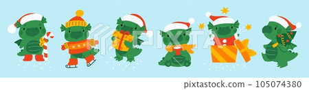 Cute green dragon character. Cartoon little dino in Santa hat. New Year mascot with gifts. Chinese horoscope symbol. Present box and Xmas tree. Asian animal skiing. Garish vector set Cute green dragon character. Cartoon little dino in Santa hat. New Year mascot with gifts. Chinese horoscope symbol. Present box and Xmas tree. Asian animal skiing. Garish vector set 105074380