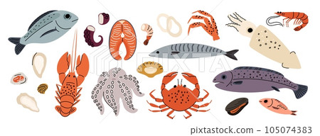 Cartoon sea food products. Ocean meal. Prawns or crabs. Marine fish. Fresh shellfish. Lobster and oyster mollusk. Cooking delicatessen ingredients. Seafood vitamins. Garish vector set 105074383