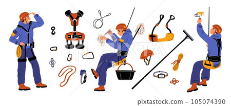 Cartoon industrial climbing elements. High altitude work equipment. Cable and winch. People in uniform with helmets. Painter and window cleaner. Steeplejack tools. Garish vector set 105074390