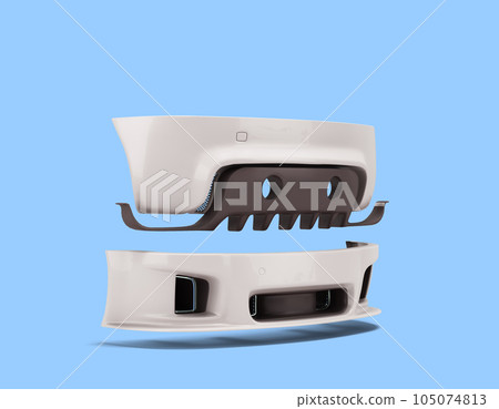 Sport car custom upgrade kit set of details for body bumpers perspective view 3d render on blue 105074813