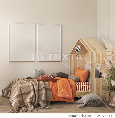 Panoramic boho interior for baby's room Scandinavian style. Wooden bed, large toys on empty beige background. Trendy minimal design. 3d rendering. High quality 3d illustration 105074935