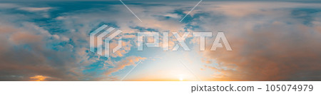 Sunset sky panorama with bright glowing pink Cumulus clouds. HDR 360 seamless spherical panorama. Full zenith or sky dome in 3D, sky replacement for aerial drone panoramas. Climate and weather change. Sunset sky panorama with bright glowing pink Cumulus clouds. HDR 360 seamless spherical panorama. Full zenith or sky dome in 3D, sky replacement for aerial drone panoramas. Climate and weather change. 105074979