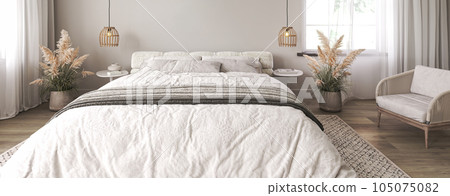 Light home interior, beige wall with white bed and dry plant in coastal bedroom. Horizontal banner panoramic background. 3d rendering. High quality 3d illustration 105075082