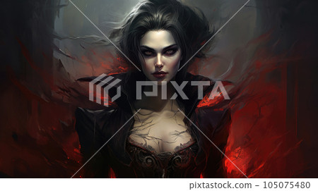 An alluring woman, a fusion of vampire and magician, possessing a haunting beauty and utilizing a mix of dark sorcery and supernatural abilities in a captivating dark fantasy world. AI generated 105075480
