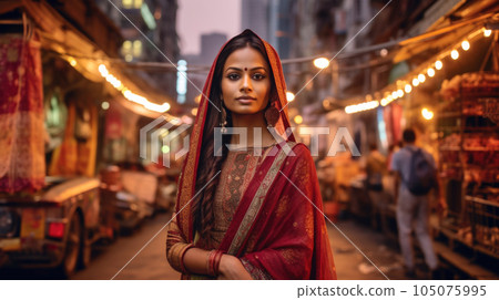 Smiling Indian woman in a vibrant saree, - Stock Illustration