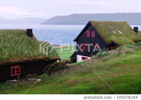 Foggy morning view of a house with typical grass roof Foggy morning view of a house with typical grass roof 105076284