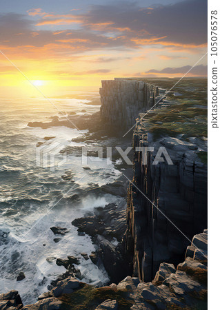 Cinematic Sunrise: High Cliffs Coastline and Rough Seas in the Falkland Islands Cinematic Sunrise: High Cliffs Coastline and Rough Seas in the Falkland Islands 105076578