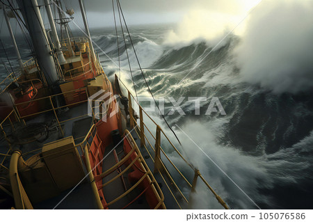 A Boat's Battle with Towering Waves in Rough Seas 105076586