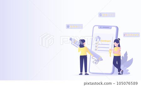 The concept of a housing contract. Agreements and sign legally binding digital documents electronically. Secure identity verification at time to purchase and approval. Flat vector design illustration. 105076589