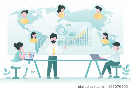 Business ideas concept. Business people discussing and brainstorming data analysis. Online communication around the world. Flat vector illustration. Business ideas concept. Business people discussing and brainstorming data analysis. Online communication around the world. Flat vector illustration. 105076593