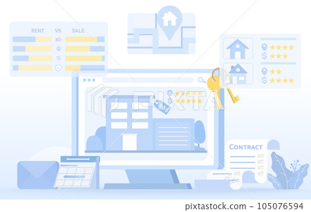 The concept of property investment, real estate, or mortgage. Search, explore, compare home or apartment real estate by price, location and rating from online platforms. Flat vector illustration. The concept of property investment, real estate, or mortgage. Search, explore, compare home or apartment real estate by price, location and rating from online platforms. Flat vector illustration. 105076594