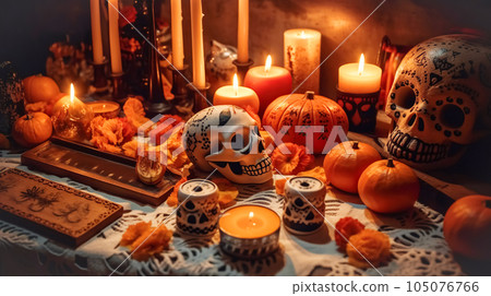 Mexican holiday Dia de Muertos. Traditional table with candles, flowers, sugar skulls, Day of Dead offering Mexican holiday Dia de Muertos. Traditional table with candles, flowers, sugar skulls, Day of Dead offering 105076766