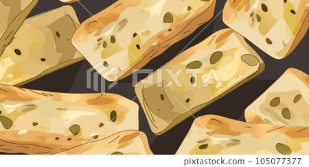 Freshly Baked Focaccia Bread Cartoon Horizontal Background Illustration. Crusty Pastry, Gourmet Bakery. Ai Generated Drawning Background Illustration with Aromatic Traditional Focaccia Bread. 105077377