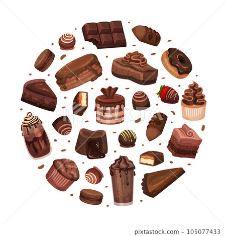 Chocolate Dessert Round Composition Design with Sweet Pastry Vector Template 105077433