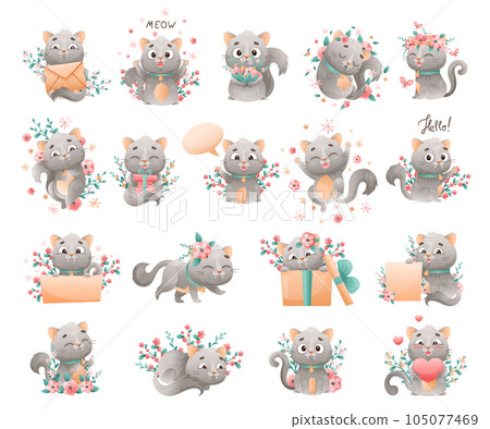 Cute Grey Cat with Flowers Big Vector Set 105077469
