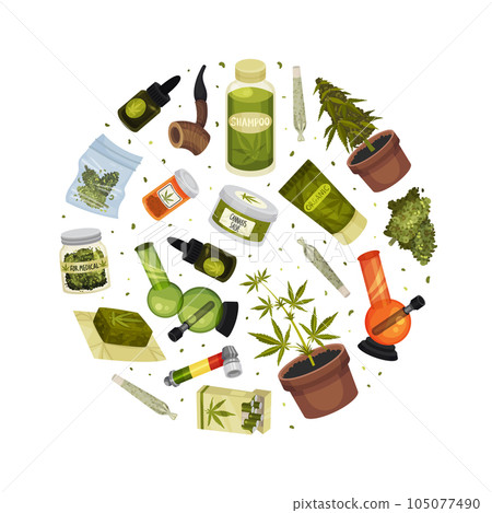 Cannabis or Hemp Drug Round Composition Design Vector Template 105077490