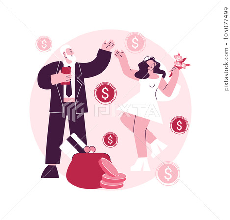 Marriage of convenience abstract concept vector illustration. Political marriage, financial motivation, old rich husband, wedding rings, dollar banknotes, take money from senior abstract metaphor. 105077499