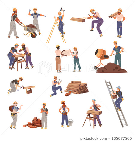 Man and Woman Builder Character Engaged in Construction Work Big Vector Set Man and Woman Builder Character Engaged in Construction Work Big Vector Set 105077500