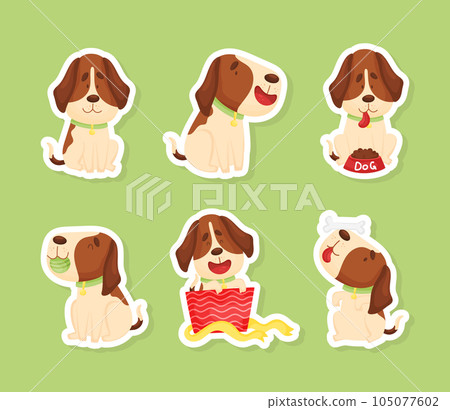 Cartoon Beagle Dog Character in Different Pose Vector Sticker Set 105077602