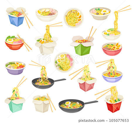Asian Noodles in Box, Frying Pan and Bowl with Chopsticks Big Vector Set 105077653