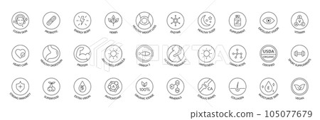 Vitamin and supplement line icon set. Natural probiotic, protein, mineral sign for packaging. Healthy food. Organic, bio, vegan product label. Detox diet badges. Nutrition sign. Vector illustration 105077679