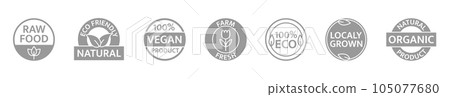 Natural product icon set. Gmo free. Organic, bio farm fresh, locally grown badges. Healthy vegan food label. Beauty product. Premium quality. Eco friendly tag. Sustainable life. Vector illustration Natural product icon set. Gmo free. Organic, bio farm fresh, locally grown badges. Healthy vegan food label. Beauty product. Premium quality. Eco friendly tag. Sustainable life. Vector illustration 105077680