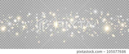 Golden light dust background. Christmas luxury banner. Glowing bokeh confetti. Gold and white magic particles border. Flying bright stars. Beauty product. Neon garland lamp. Vector illustration 105077686