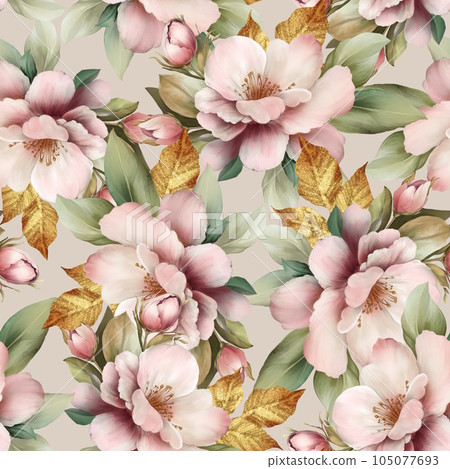 Seamless pattern with flowers and gold leaves. Floral pattern tileable for wallpaper or fabric 105077693