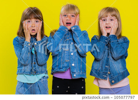 Surprised little children sisters siblings shocked by sudden victory, game winning, good news Surprised little children sisters siblings shocked by sudden victory, game winning, good news 105077797
