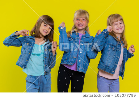 Excited happy teenage girls winning prize celebrate birthday, little child sisters celebrate success Excited happy teenage girls winning prize celebrate birthday, little child sisters celebrate success 105077799