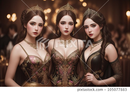 Young ladies in masquerade dress on costume party. Magic, cosplay, carnival and fairy tale concept - Portrait of a young woman in image of Eastern fairy Princess on blurry background. Generative AI 105077883