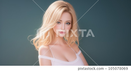 Beautiful asian sexy pretty fashion model, blond hair, young woman, wear white natural dress with open shoulders style for party or office clothes organic, blue background, makeup lady. Generative AI Beautiful asian sexy pretty fashion model, blond hair, young woman, wear white natural dress with open shoulders style for party or office clothes organic, blue background, makeup lady. Generative AI 105078069