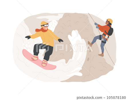 Extreme tourism isolated concept vector illustration. Extreme sports, shock tourism, adrenalin event, dangerous place, ski and snowboard, thrill-seekers, climbing mountains vector concept. 105078180