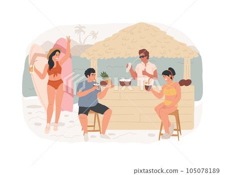 Beach bar isolated concept vector illustration. Beach club service, tropical cocktail recipe, open bar, sea coast restaurant, food and drink, healthy snack, summer resort vector concept. Beach bar isolated concept vector illustration. Beach club service, tropical cocktail recipe, open bar, sea coast restaurant, food and drink, healthy snack, summer resort vector concept. 105078189