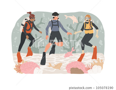 Diving school isolated concept vector illustration. Diving class, all level diver program, summer vacation activity, scuba school, water sport, open sea, underwater photography vector concept. Diving school isolated concept vector illustration. Diving class, all level diver program, summer vacation activity, scuba school, water sport, open sea, underwater photography vector concept. 105078190