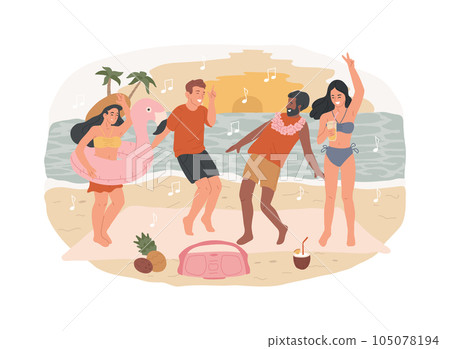 Beach party isolated concept vector illustration. Sand dance floor, beach party invite, open air, summer event, all inclusive, cocktails on sunset, vacation, girls in sweamsuit vector concept. 105078194