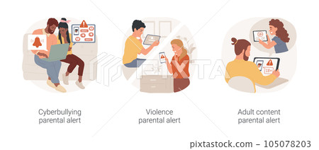 Parental alert software isolated cartoon vector illustration set. Cyberbullying attack on teenager, parent gets notification of digital threat, violence alert, block adult content vector cartoon. 105078203
